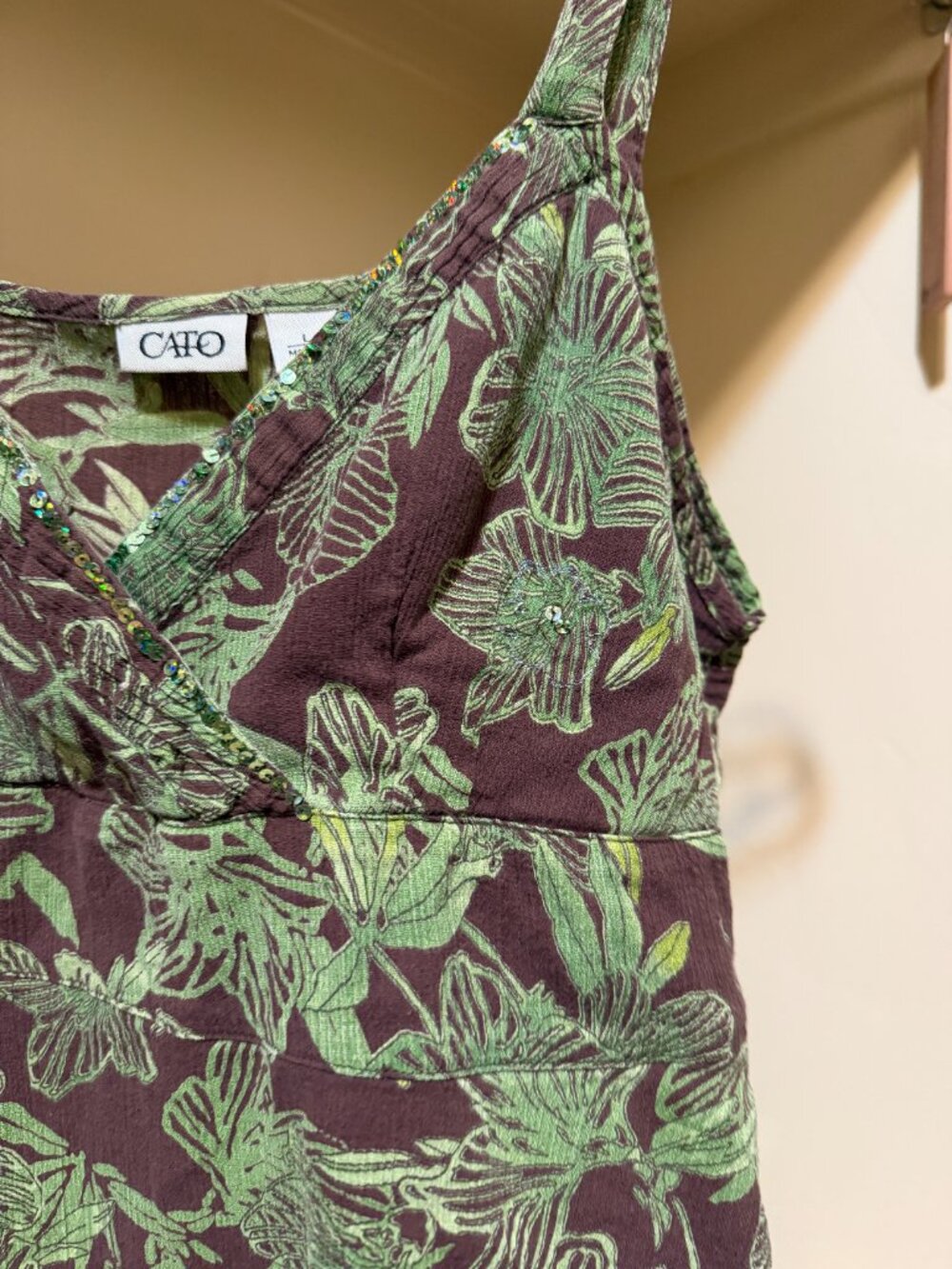 Y2K Cato Brown Green Floral Sequin Empire Waist Tank Top L - Picture 5 of 10